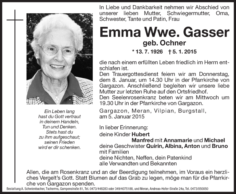  Traueranzeige für Emma Gasser vom 07.01.2015 aus Dolomiten