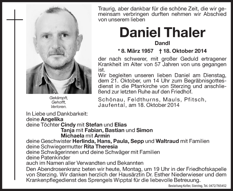  Traueranzeige für Daniel Thaler vom 20.10.2014 aus Dolomiten