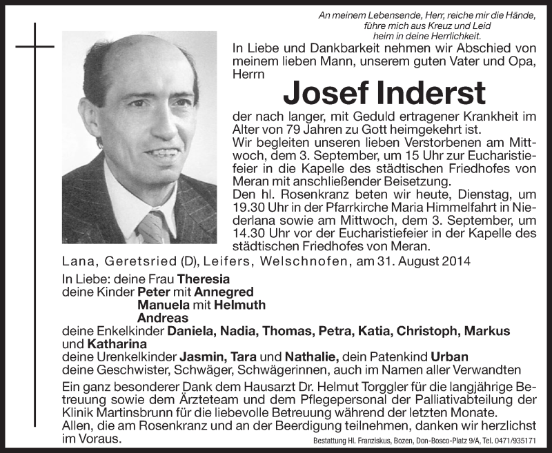  Traueranzeige für Josef Inderst vom 02.09.2014 aus Dolomiten