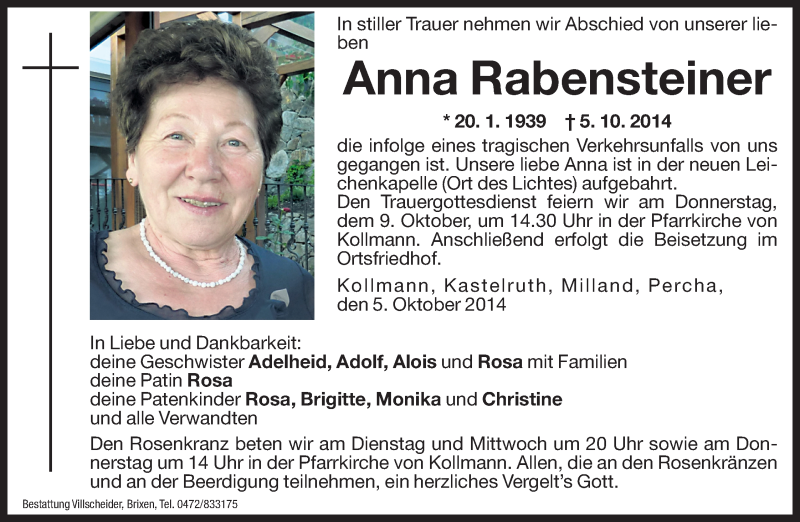  Traueranzeige für Anna Rabensteiner vom 07.10.2014 aus Dolomiten