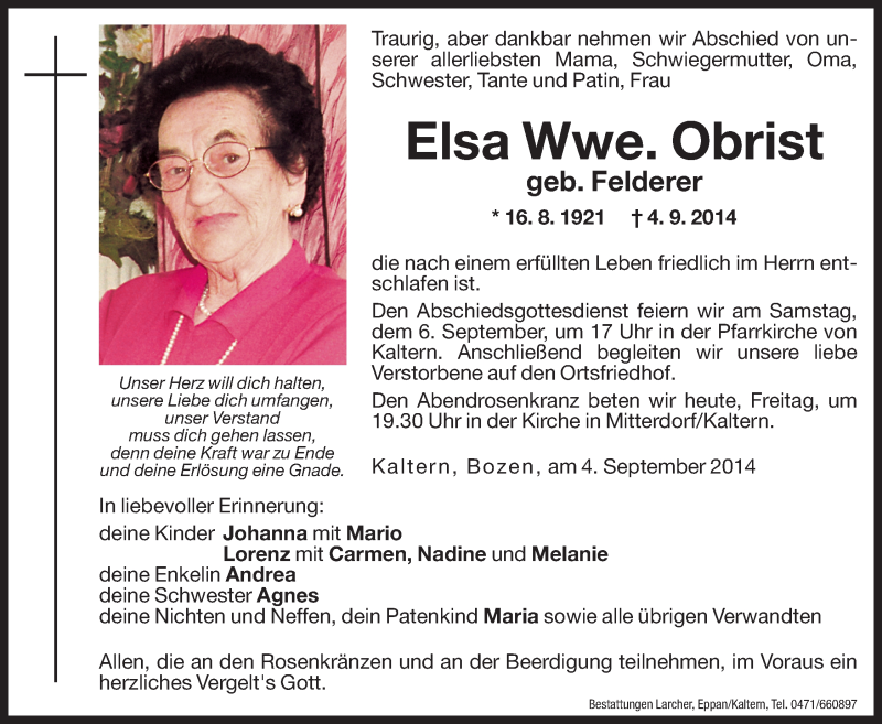  Traueranzeige für Elsa Obrist vom 05.09.2014 aus Dolomiten