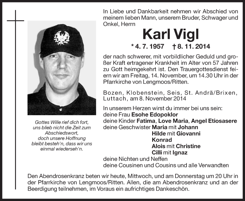  Traueranzeige für Karl Vigl vom 12.11.2014 aus Dolomiten