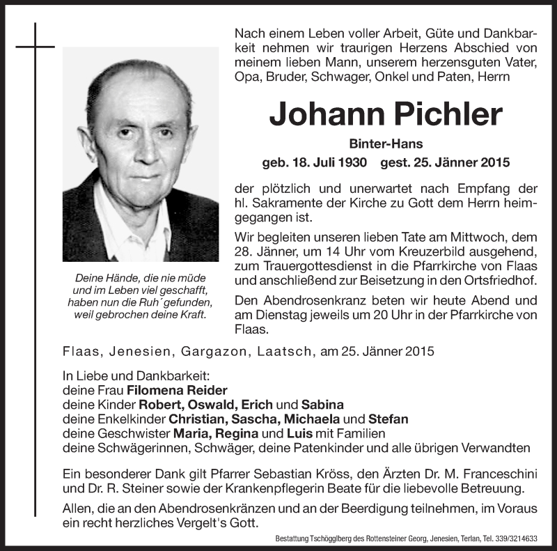  Traueranzeige für Johann Pichler vom 26.01.2015 aus Dolomiten