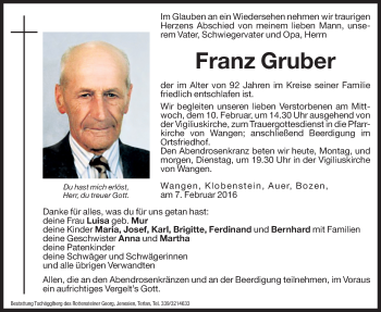 Traueranzeige von Franz Gruber von Dolomiten