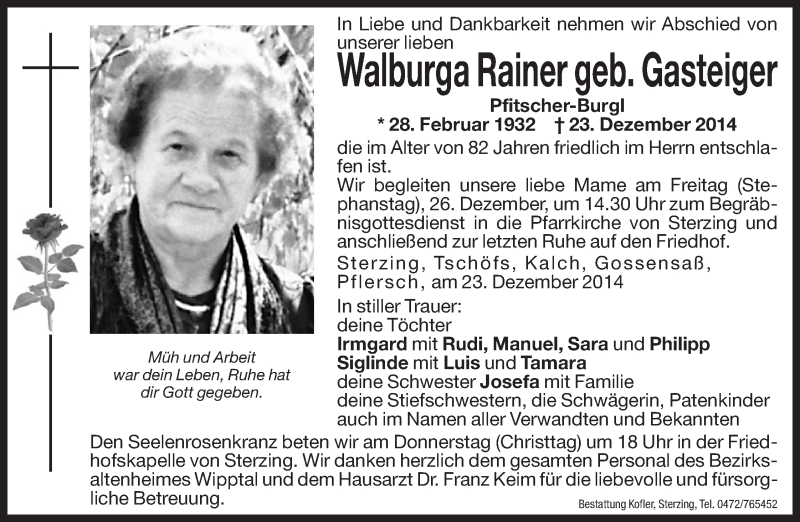  Traueranzeige für Walburga Rainer vom 24.12.2014 aus Dolomiten