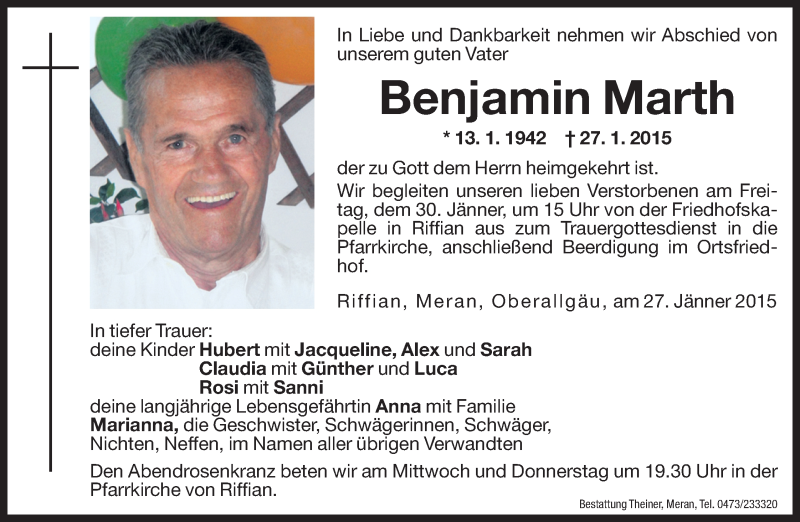  Traueranzeige für Benjamin Marth vom 28.01.2015 aus Dolomiten