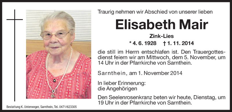  Traueranzeige für Elisabeth Mair vom 04.11.2014 aus Dolomiten