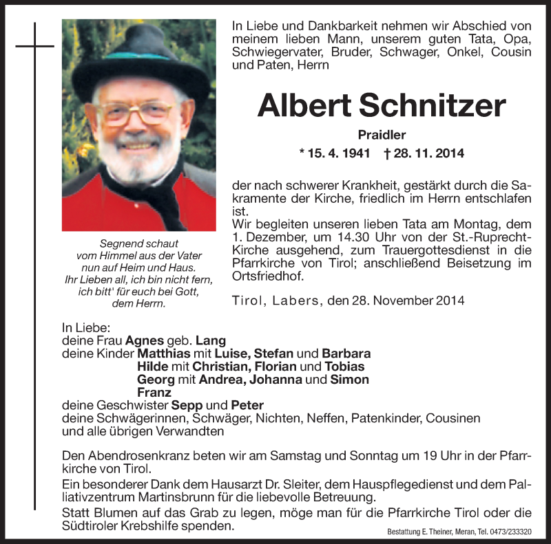  Traueranzeige für Albert Schnitzer vom 29.11.2014 aus Dolomiten