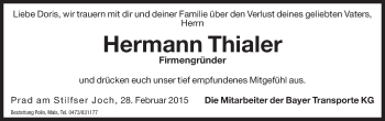 Traueranzeige von Hermann Thialer von Dolomiten