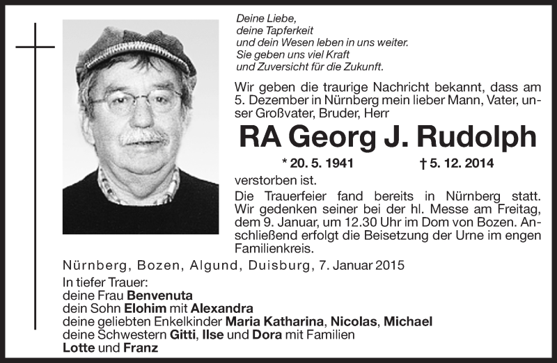  Traueranzeige für Georg J. Rudolph vom 07.01.2015 aus Dolomiten