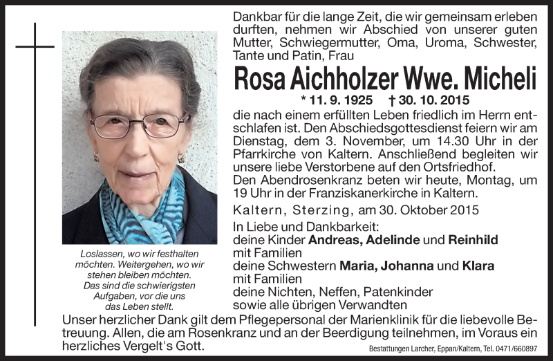  Traueranzeige für Rosa Micheli vom 02.11.2015 aus Dolomiten