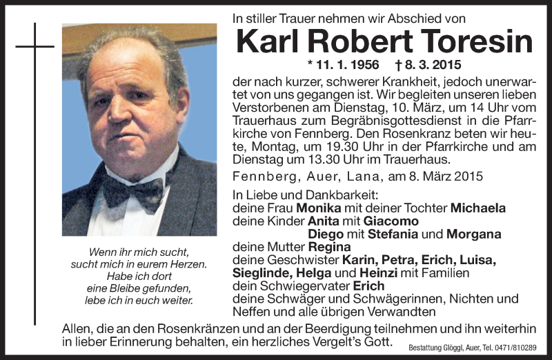  Traueranzeige für Karl Robert Toresin vom 09.03.2015 aus Dolomiten