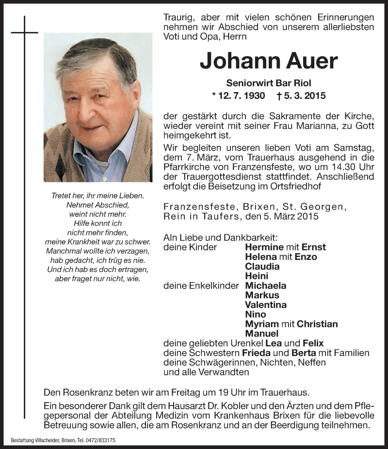  Traueranzeige für Johann Auer vom 06.03.2015 aus Dolomiten