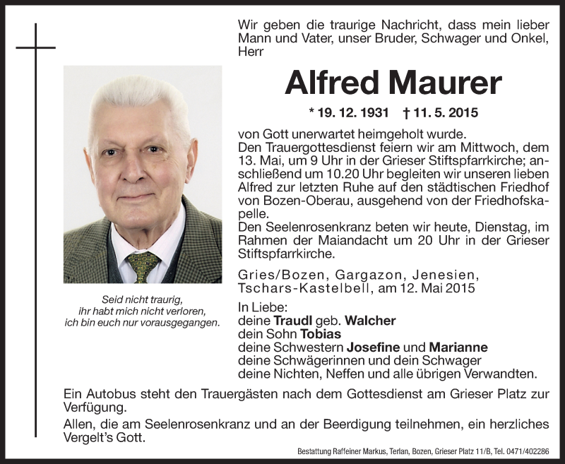  Traueranzeige für Alfred Maurer vom 12.05.2015 aus Dolomiten