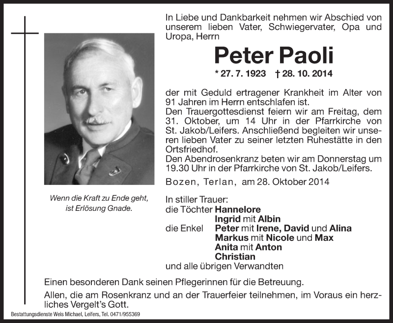  Traueranzeige für Peter Paoli vom 29.10.2014 aus Dolomiten