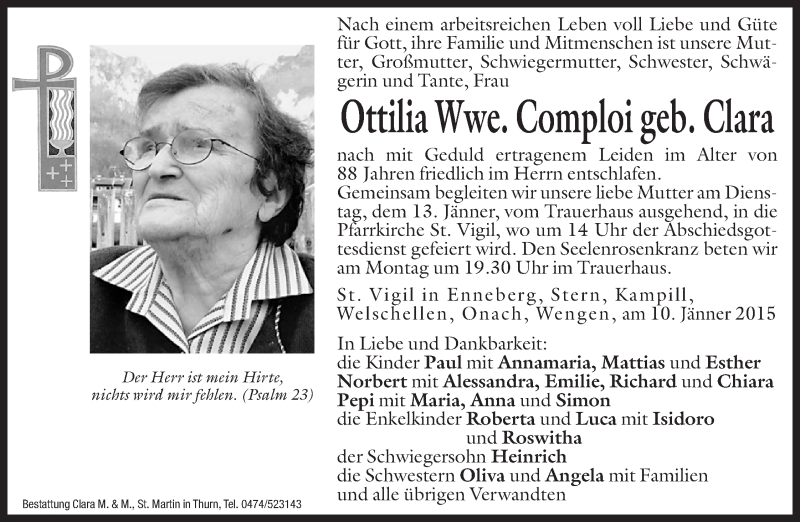  Traueranzeige für Ottilia Comploi vom 12.01.2015 aus Dolomiten