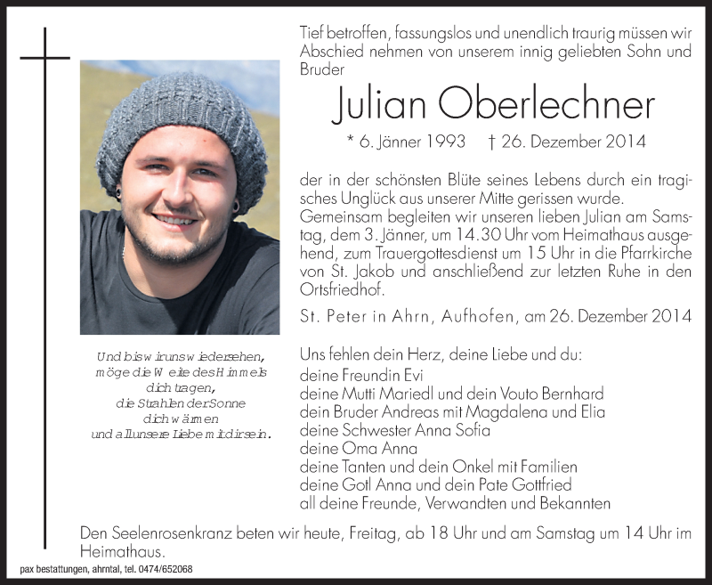  Traueranzeige für Julian Oberlechner vom 02.01.2015 aus Dolomiten