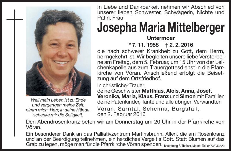  Traueranzeige für Josepha Maria Mittelberger vom 04.02.2016 aus Dolomiten
