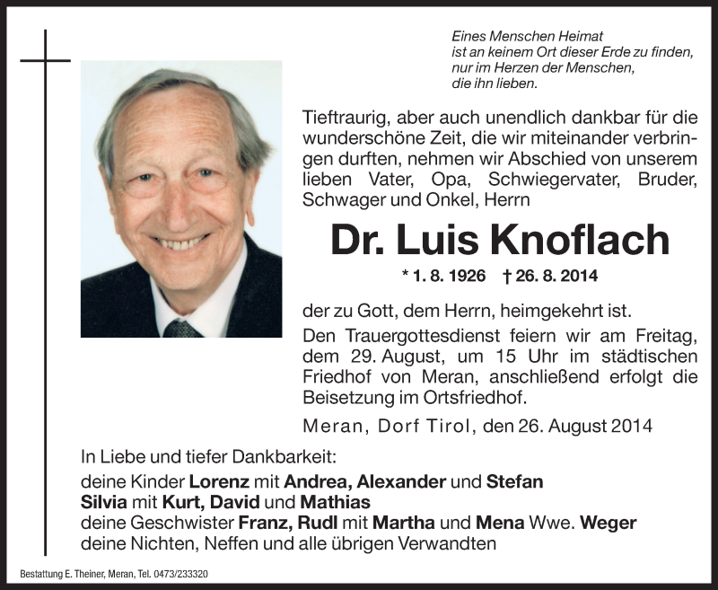  Traueranzeige für Luis Knoflach vom 27.08.2014 aus Dolomiten