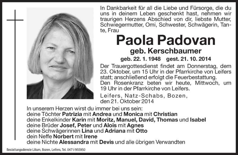  Traueranzeige für Paola Padovan vom 22.10.2014 aus Dolomiten