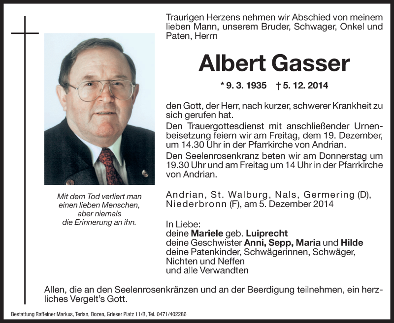  Traueranzeige für Albert Gasser vom 17.12.2014 aus Dolomiten