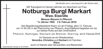 Traueranzeige von Notburga Burgl Eisendle von Dolomiten