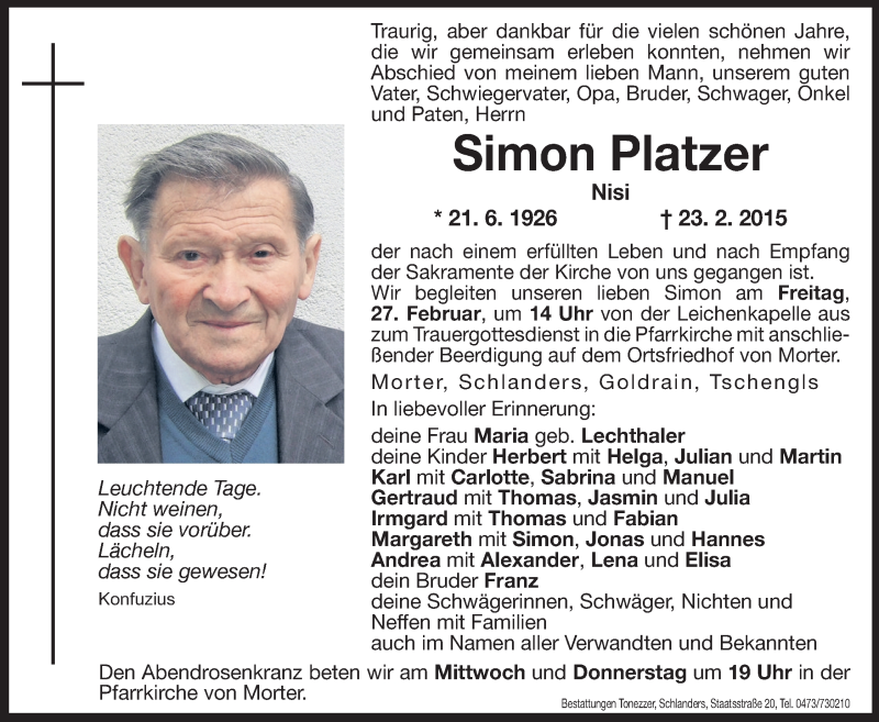  Traueranzeige für Simon Platzer vom 25.02.2015 aus Dolomiten