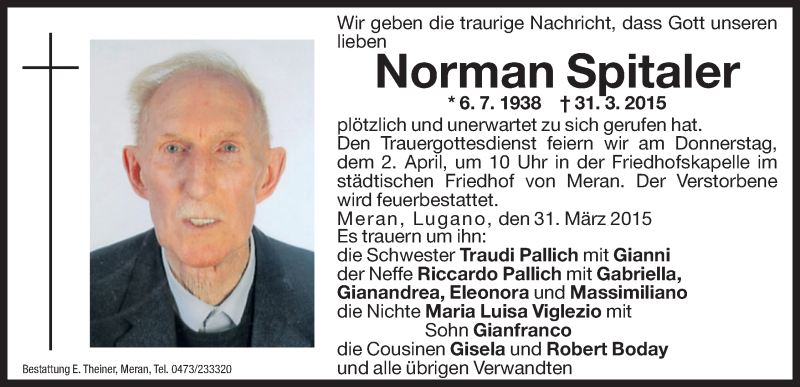  Traueranzeige für Norman Spitaler vom 01.04.2015 aus Dolomiten