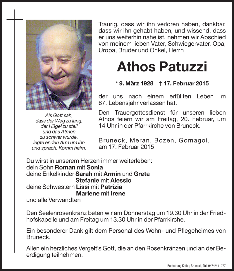  Traueranzeige für Athos Patuzzi vom 18.02.2015 aus Dolomiten