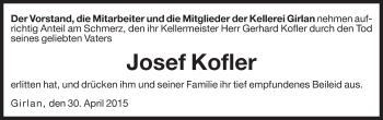 Traueranzeige von Josef Kofler von Dolomiten