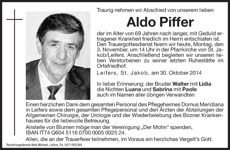  Traueranzeige für Aldo Piffer vom 03.11.2014 aus Dolomiten