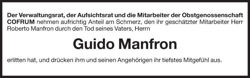  Traueranzeige für Guido Manfron vom 22.08.2015 aus Dolomiten