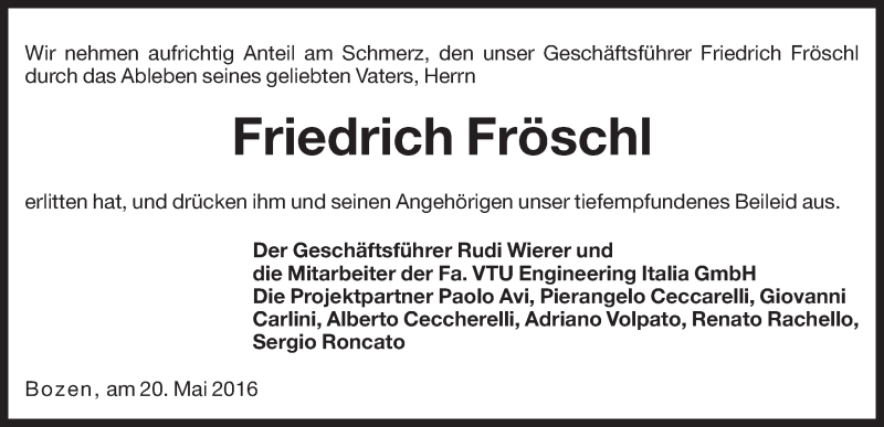  Traueranzeige für Friedrich Fröschl vom 20.05.2016 aus Dolomiten