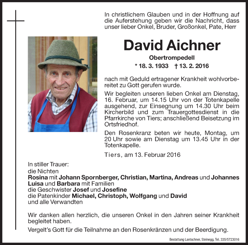  Traueranzeige für David Aichner vom 15.02.2016 aus Dolomiten