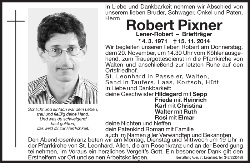  Traueranzeige für Robert Pixner vom 17.11.2014 aus Dolomiten