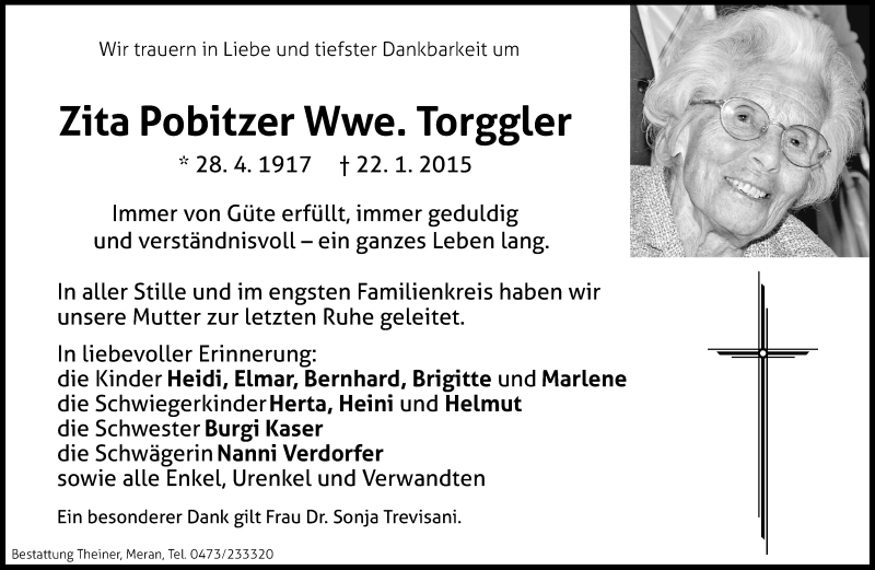  Traueranzeige für Zita Torggler vom 28.01.2015 aus Dolomiten