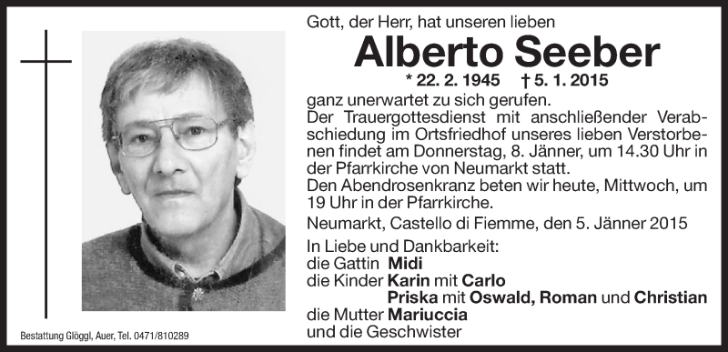  Traueranzeige für Alberto Seeber vom 07.01.2015 aus Dolomiten