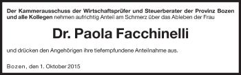 Traueranzeige von Paola Facchinelli von Dolomiten