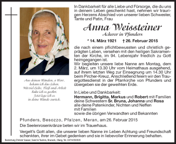 Traueranzeige von Anna Weissteiner von Dolomiten