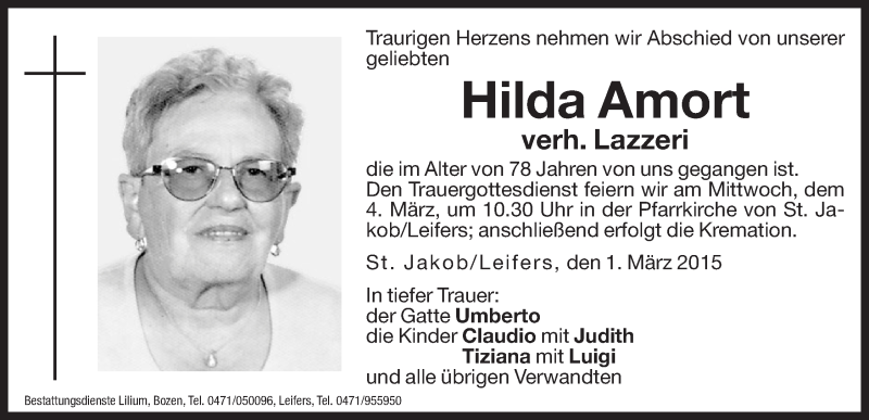  Traueranzeige für Hilda Lazzeri vom 03.03.2015 aus Dolomiten