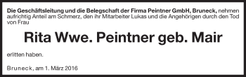 Traueranzeige von Rita Peitner von Dolomiten