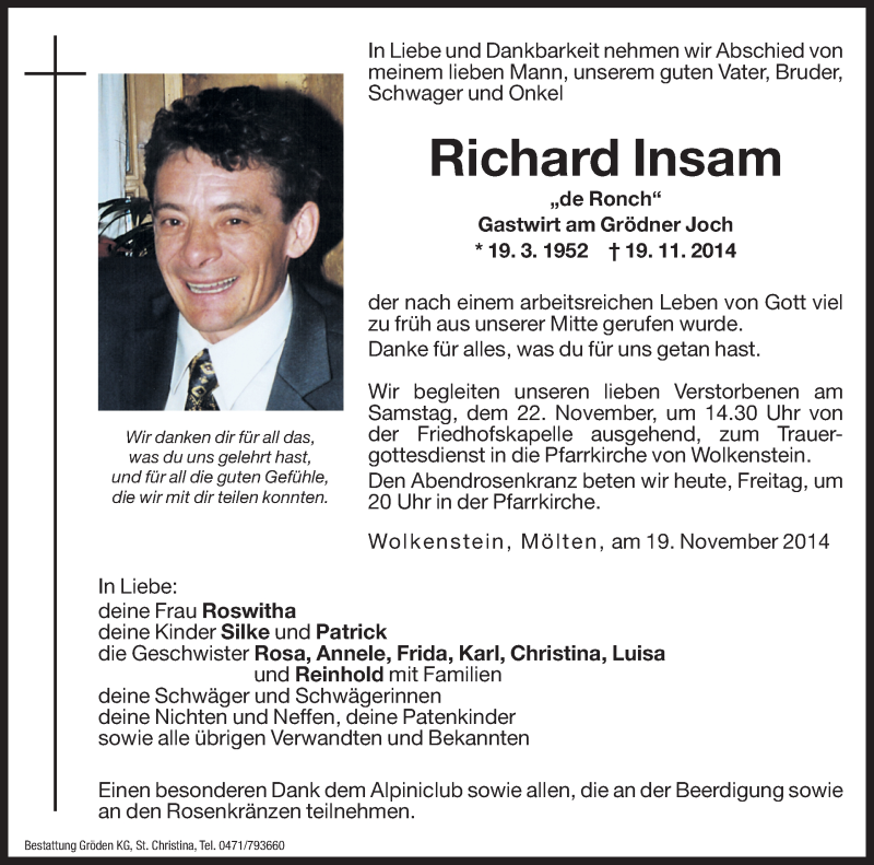  Traueranzeige für Richard Insam vom 21.11.2014 aus Dolomiten