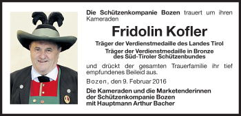 Traueranzeige von Fridolin Kofler von Dolomiten