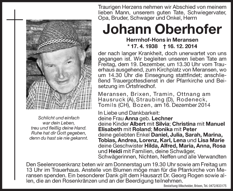  Traueranzeige für Johann Oberhofer vom 18.12.2014 aus Dolomiten