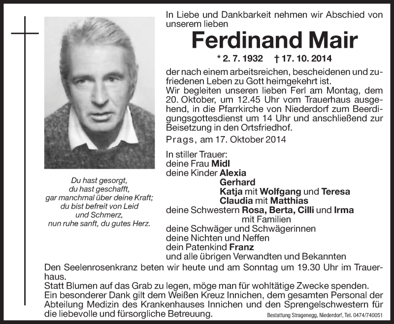  Traueranzeige für Ferdinand Mair vom 18.10.2014 aus Dolomiten