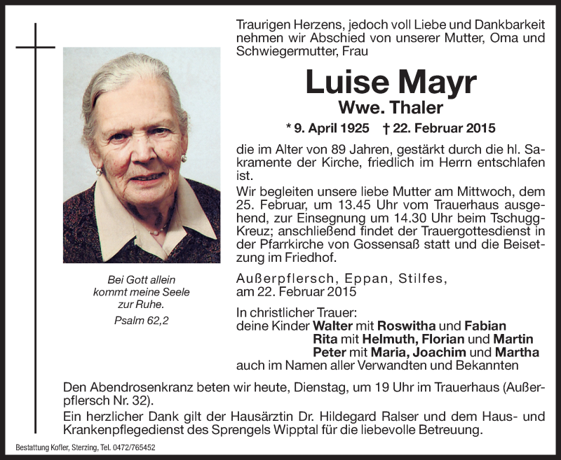  Traueranzeige für Luise Thaler vom 24.02.2015 aus Dolomiten