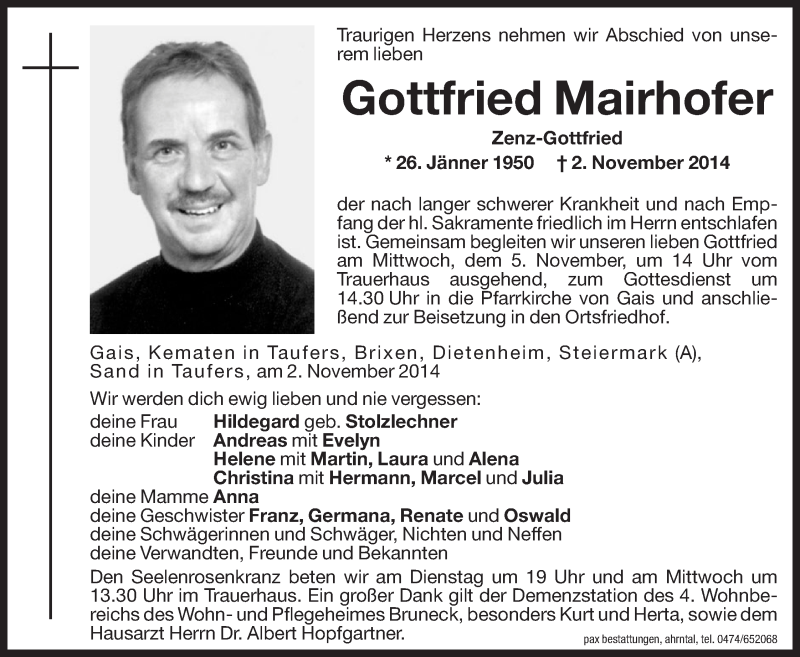  Traueranzeige für Gottfried Mairhofer vom 04.11.2014 aus Dolomiten