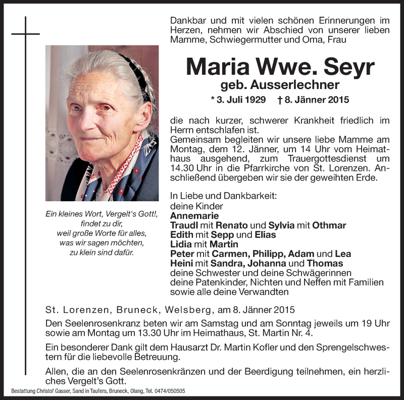  Traueranzeige für Maria Seyr vom 10.01.2015 aus Dolomiten