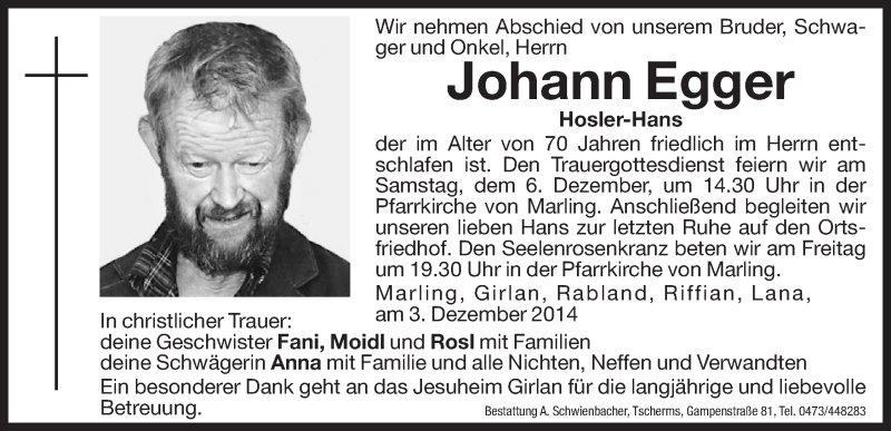  Traueranzeige für Johann Egger vom 05.12.2014 aus Dolomiten