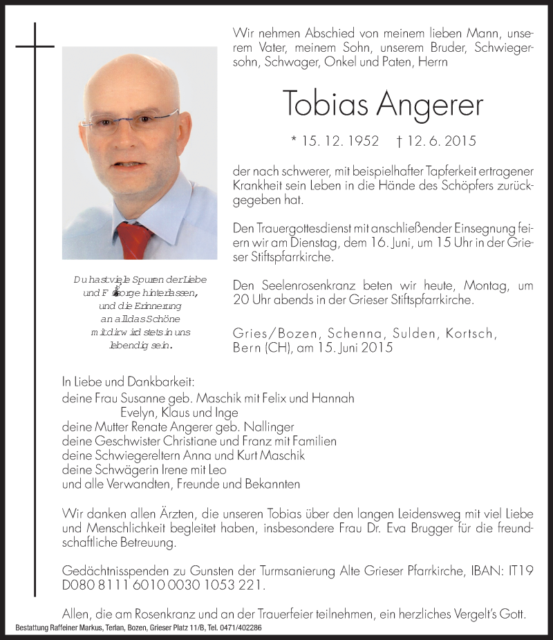  Traueranzeige für Tobias Angerer vom 15.06.2015 aus Dolomiten